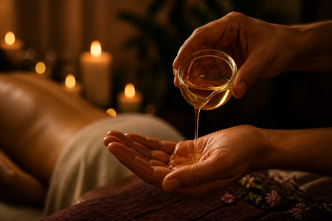 Massageöl wird im Kerzenlicht achtsam in die Hände gegossen